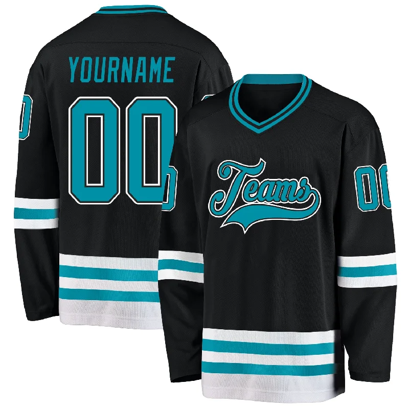 Custom logo hockey jerseys for tournaments-Custom Black Teal-White Hockey Jersey