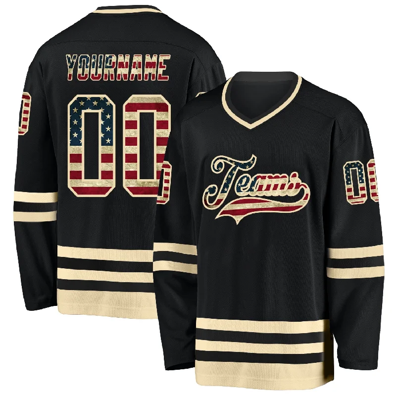 Custom-made hockey jerseys for high school teams-Custom Black Vintage USA Flag-Cream Hockey Jersey