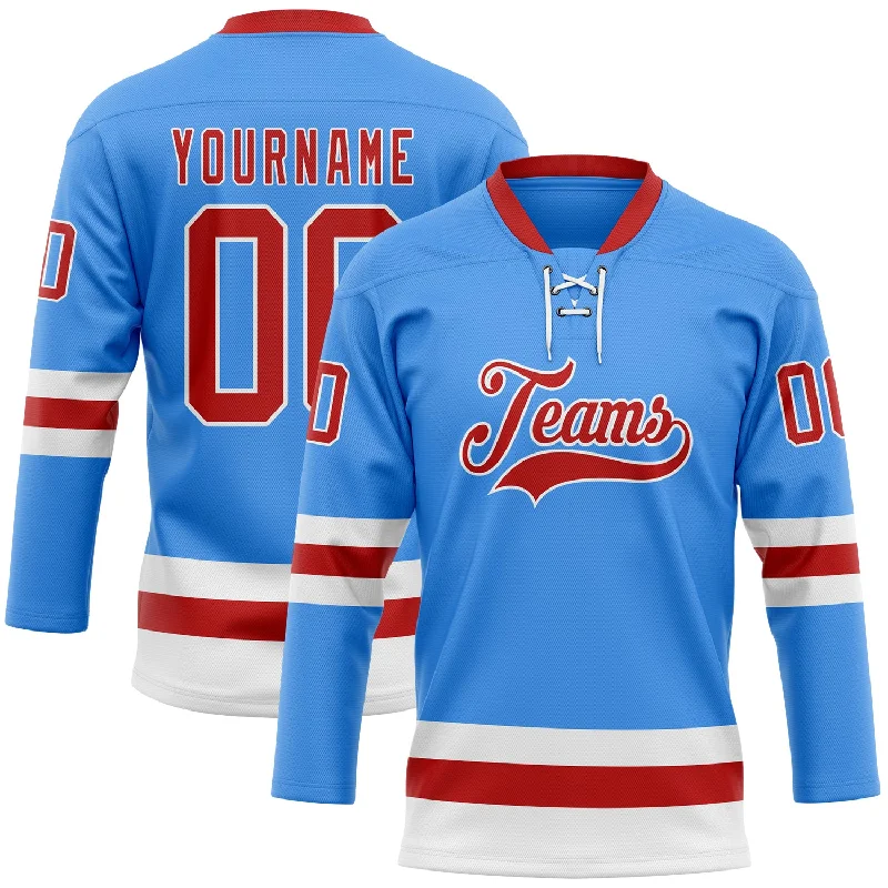 Heat-press hockey jersey with vibrant designs-Custom Sky Blue Red-White Hockey Lace Neck Jersey