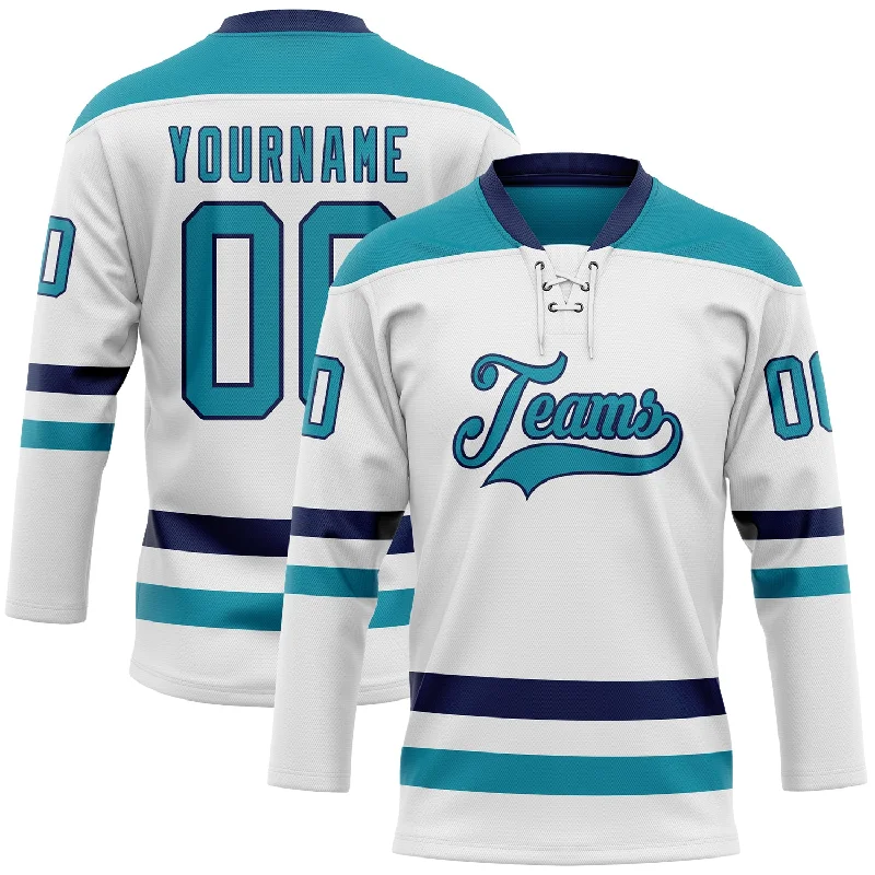 Soft cotton hockey jerseys for casual wear-Custom White Teal-Navy Hockey Lace Neck Jersey