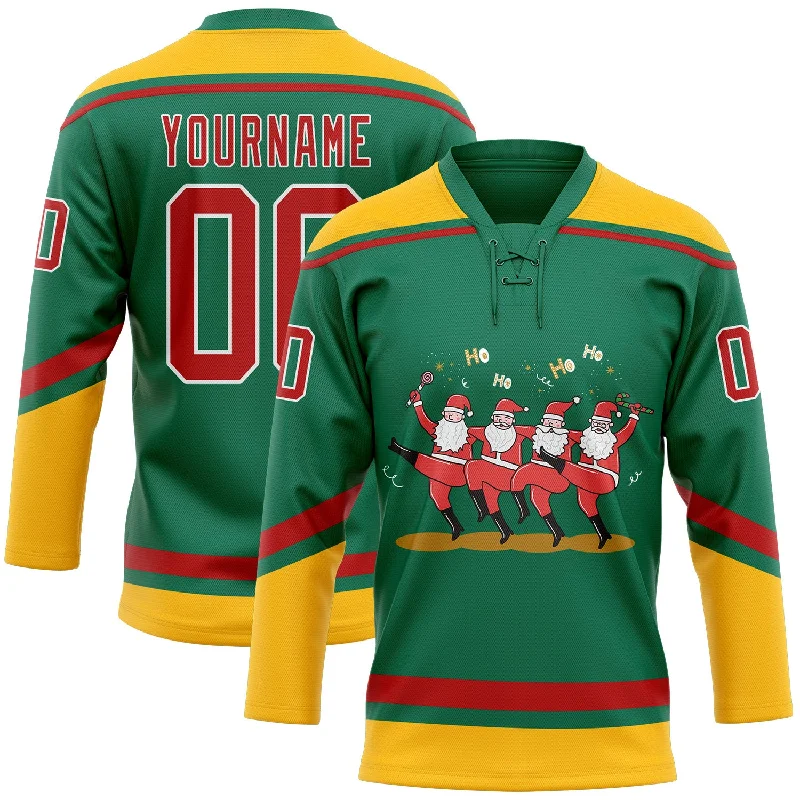 Customizable hockey jersey for tournaments-Custom Kelly Green Red-Gold Funny Christmas 3D Hockey Lace Neck Jersey