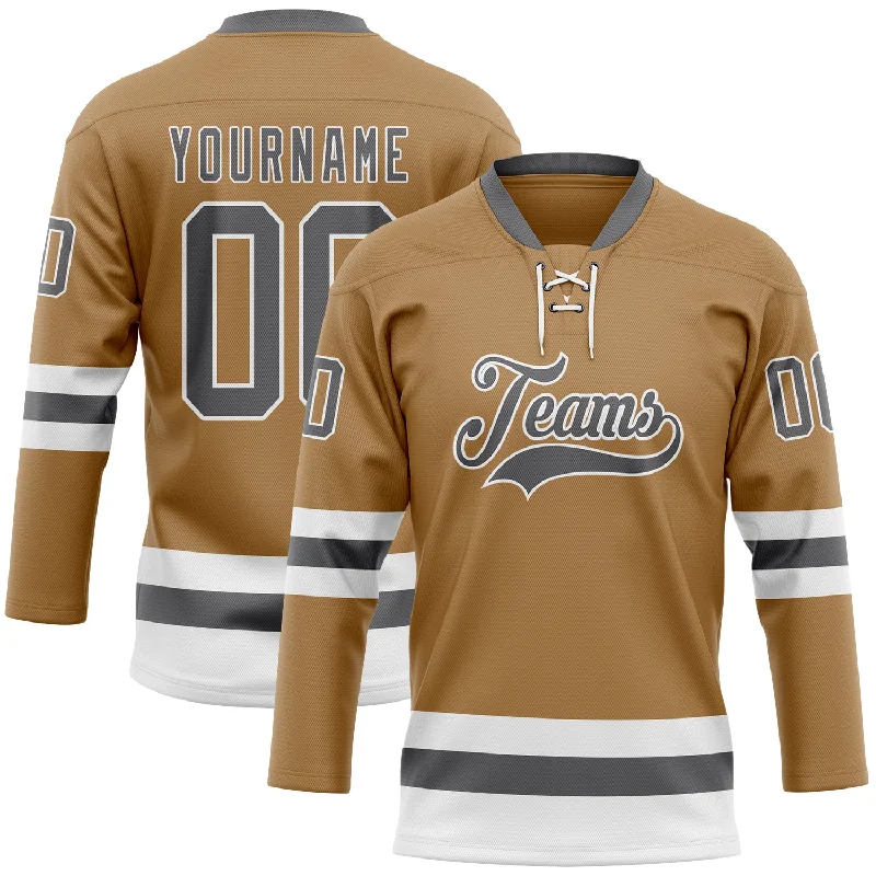 Custom team hockey jerseys with logos-Custom Old Gold Steel Gray-White Hockey Lace Neck Jersey