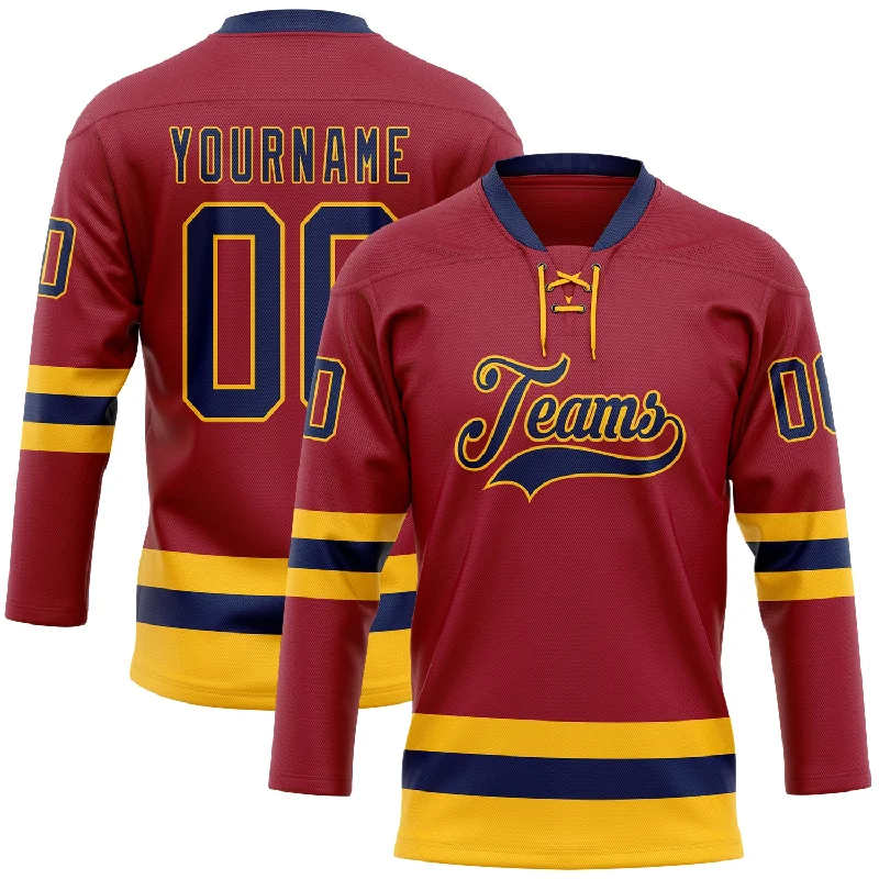 Ultra-light hockey jersey for speed on ice-Custom Maroon Navy-Gold Hockey Lace Neck Jersey