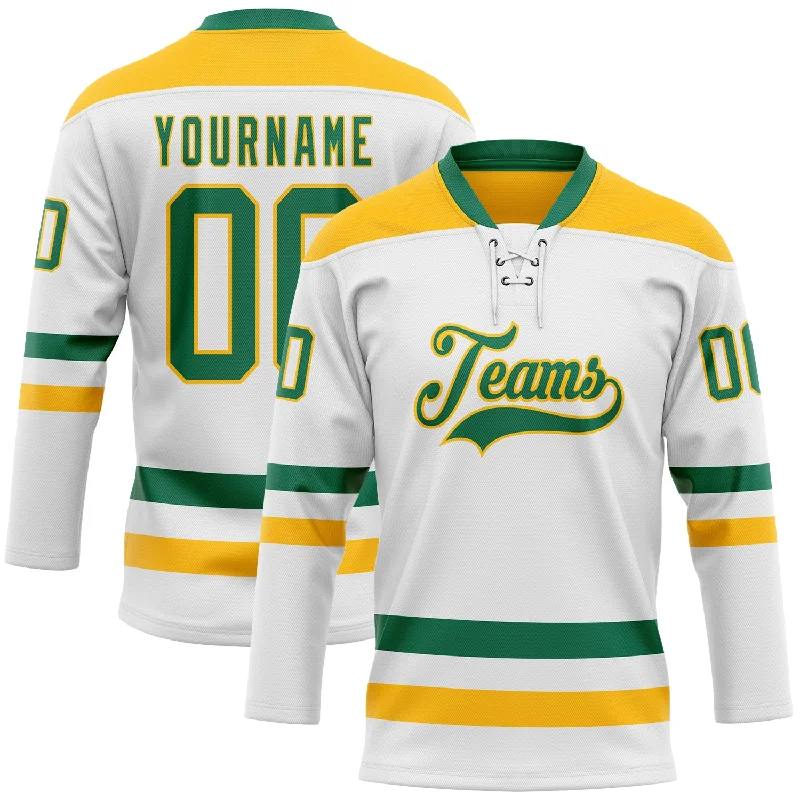 Reversible hockey jerseys for practice and play-Custom White Kelly Green-Gold Hockey Lace Neck Jersey