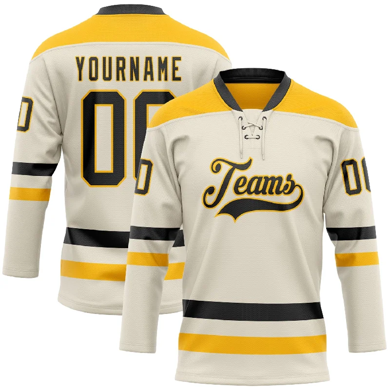 Hockey jersey with customizable numbers-Custom Cream Black-Gold Hockey Lace Neck Jersey