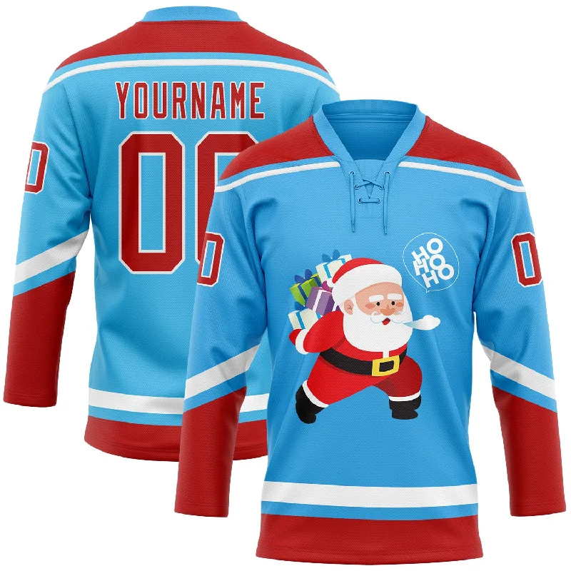 Premium quality hockey jerseys for sports teams-Custom Sky Blue Red-White Funny Christmas 3D Hockey Lace Neck Jersey