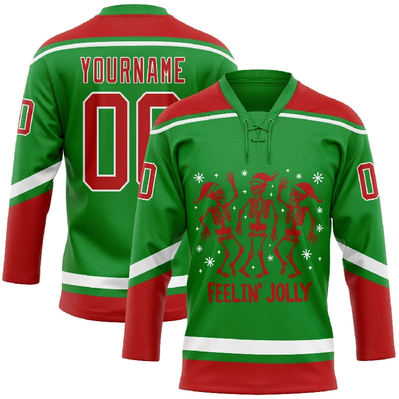 Soft fabric hockey jerseys for youth leagues-Custom Grass Green Red-White Funny Christmas 3D Hockey Lace Neck Jersey