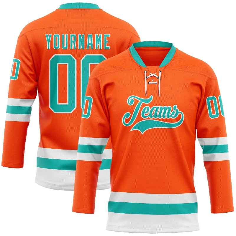 Custom logo hockey jerseys for tournaments-Custom Orange Aqua-White Hockey Lace Neck Jersey