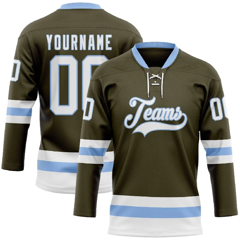 Designer hockey jerseys for luxury fans-Custom Olive White-Light Blue Salute To Service Hockey Lace Neck Jersey