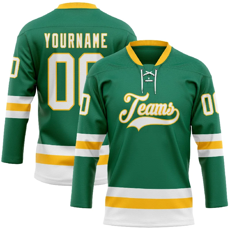 Short-sleeve hockey jerseys for summer leagues-Custom Kelly Green White-Gold Hockey Lace Neck Jersey