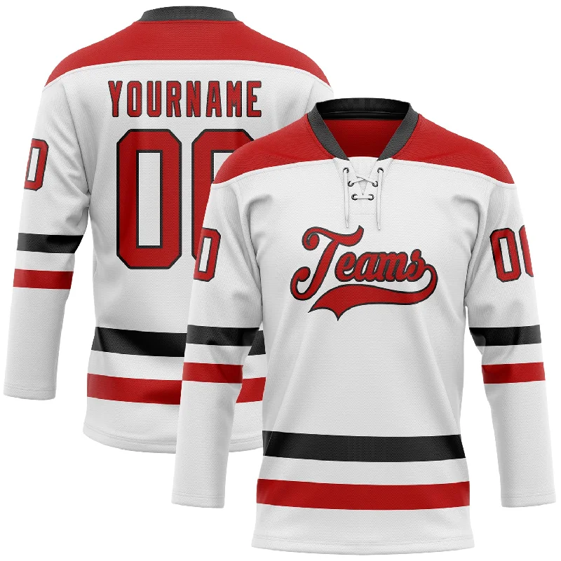 Classic color hockey jerseys for team unity-Custom White Red-Black Hockey Lace Neck Jersey