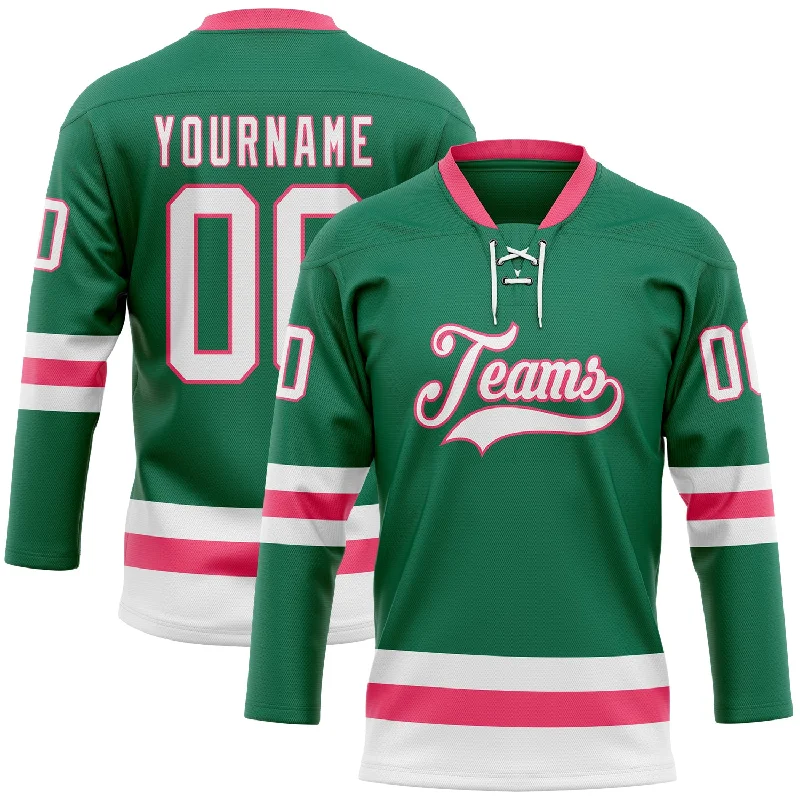 High-quality hockey jerseys for local teams-Custom Kelly Green White-Neon Pink Hockey Lace Neck Jersey