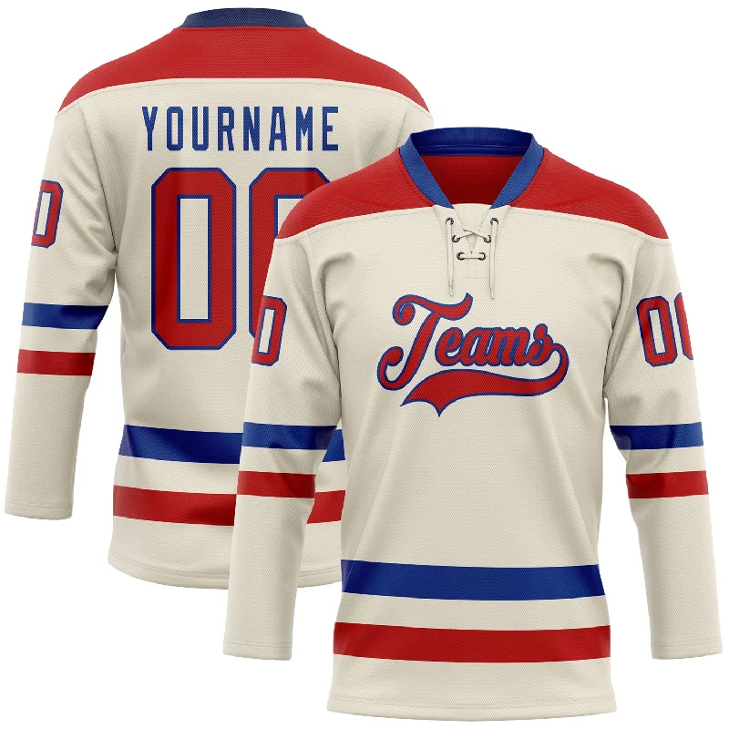 Lightweight mesh hockey jerseys for training-Custom Cream Red-Royal Hockey Lace Neck Jersey