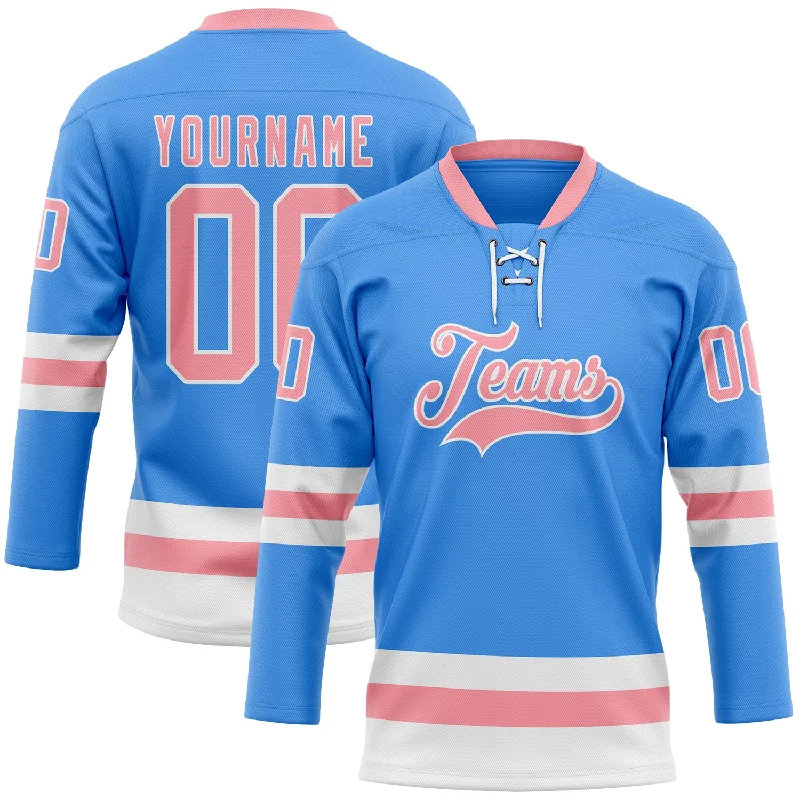 Customized jersey for hockey team events-Custom Sky Blue Medium Pink-White Hockey Lace Neck Jersey