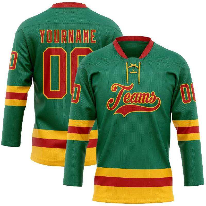 Custom-fit hockey jerseys for team players-Custom Kelly Green Red-Gold Hockey Lace Neck Jersey