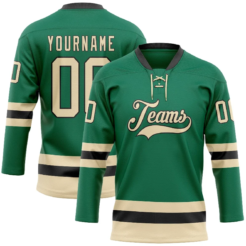 Jersey-style hockey uniforms for junior leagues-Custom Kelly Green Cream-Black Hockey Lace Neck Jersey