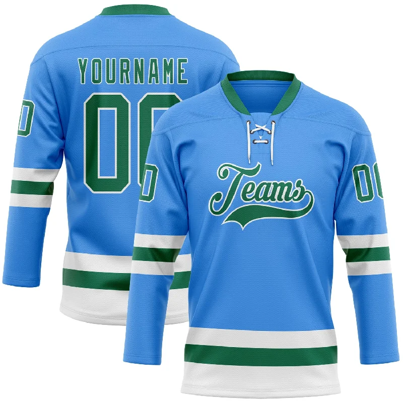 Team hockey jersey with mascot design-Custom Sky Blue Kelly Green-White Hockey Lace Neck Jersey