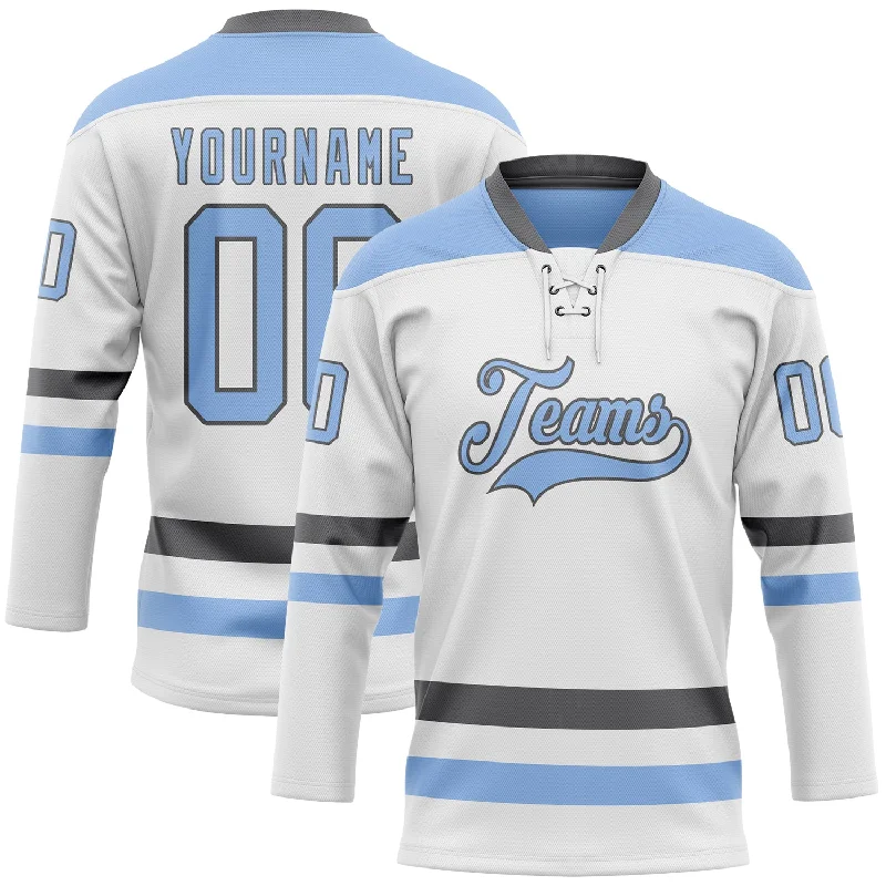 Full-color printed hockey jerseys for teams-Custom White Light Blue-Steel Gray Hockey Lace Neck Jersey