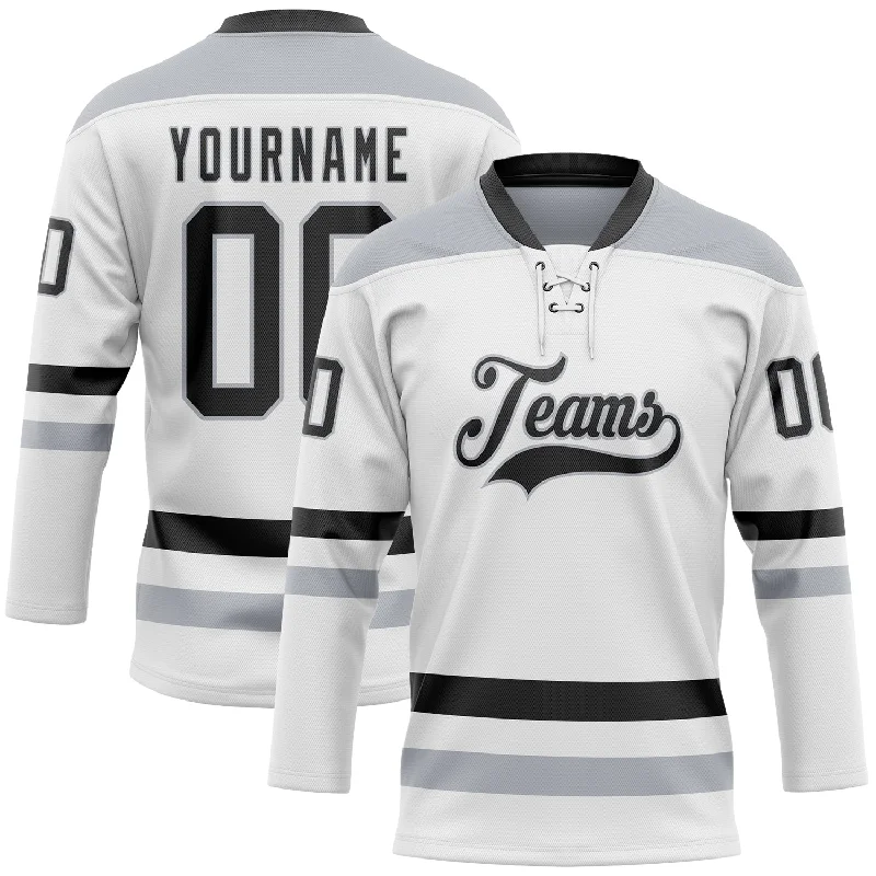 Authentic game-day hockey jersey for fans-Custom White Black-Gray Hockey Lace Neck Jersey