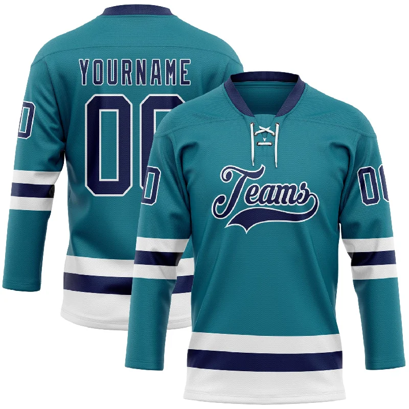 Unique hockey jerseys for fan collections-Custom Teal Navy-White Hockey Lace Neck Jersey