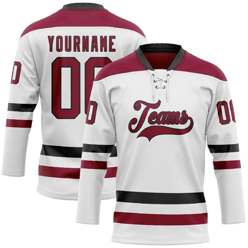 Hockey jerseys with multiple sponsor spots-Custom White Maroon-Black Hockey Lace Neck Jersey