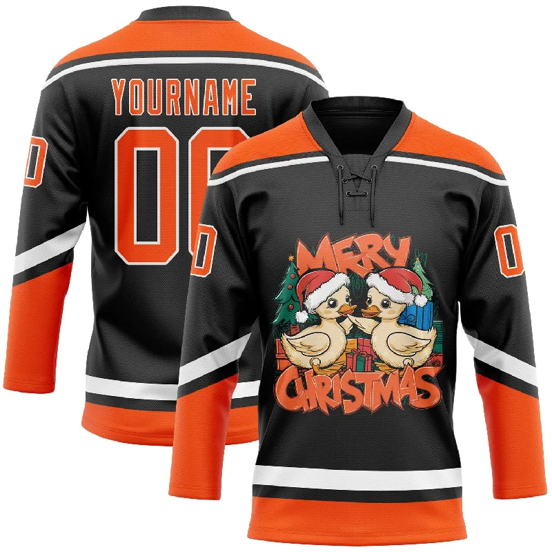 Hockey jersey with customizable numbers-Custom Black Orange-White Funny Christmas 3D Hockey Lace Neck Jersey