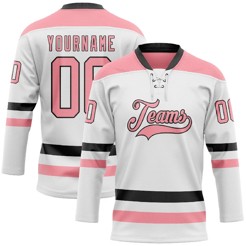 Premium custom hockey jerseys for clubs-Custom White Medium Pink-Black Hockey Lace Neck Jersey