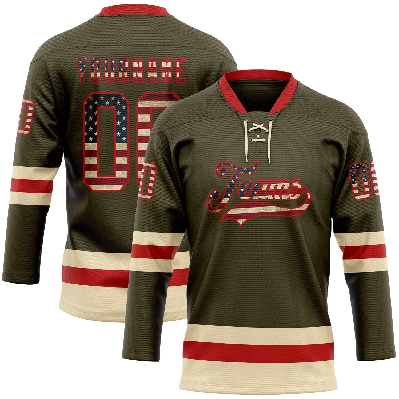 Custom sublimation hockey jersey printing-Custom Olive Vintage USA Flag Red-Cream Salute To Service Hockey Lace Neck Jersey