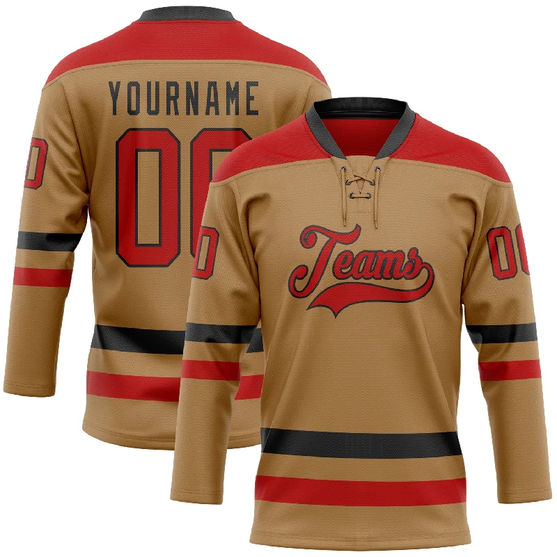 Customizable hockey jersey for tournaments-Custom Old Gold Red-Black Hockey Lace Neck Jersey