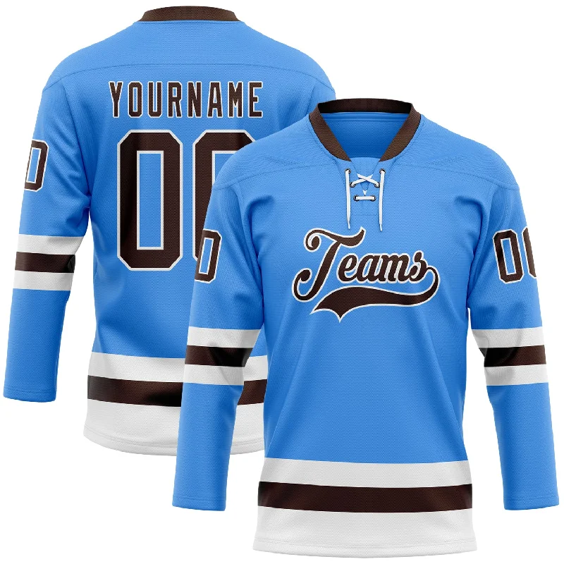 Custom embroidery for personalized hockey jerseys-Custom Sky Blue Brown-White Hockey Lace Neck Jersey