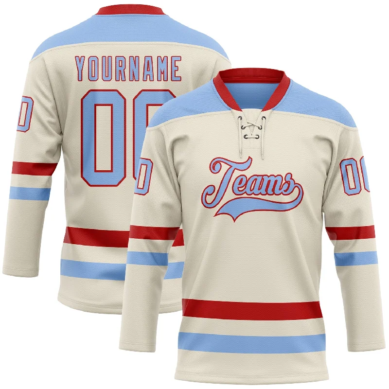 Classic NHL team hockey jerseys-Custom Cream Light Blue-Red Hockey Lace Neck Jersey