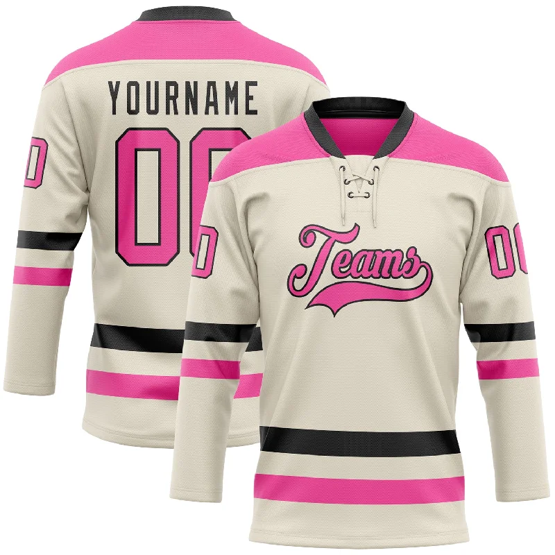 Adult hockey jerseys for casual wear-Custom Cream Pink-Black Hockey Lace Neck Jersey