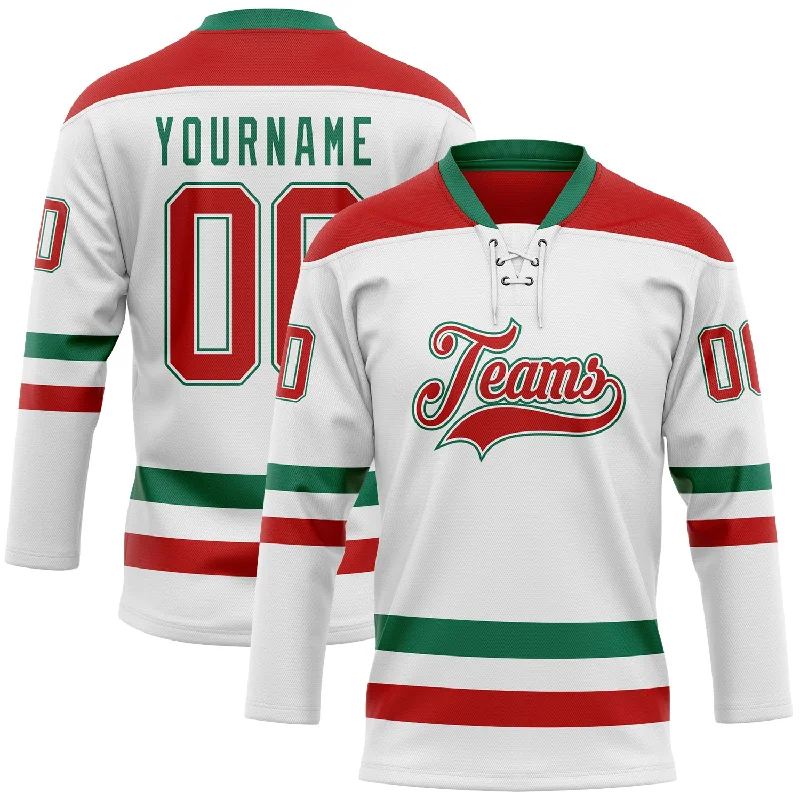 Full mesh hockey jersey for breathability-Custom White Red-Kelly Green Hockey Lace Neck Jersey