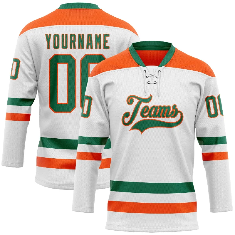 Custom hockey jerseys with contrasting sleeves-Custom White Kelly Green-Orange Hockey Lace Neck Jersey