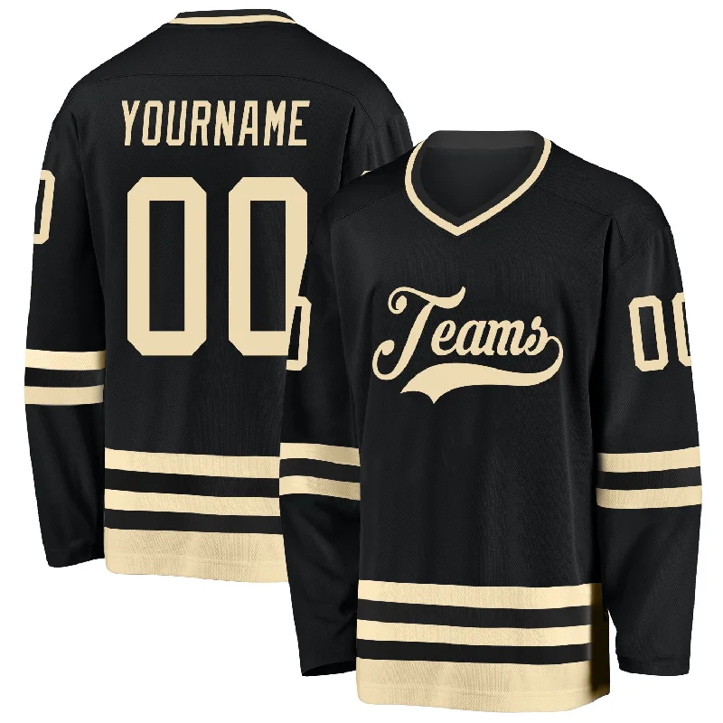 Hockey jersey with detailed stitching and embroidery-Custom Black Cream Hockey Jersey