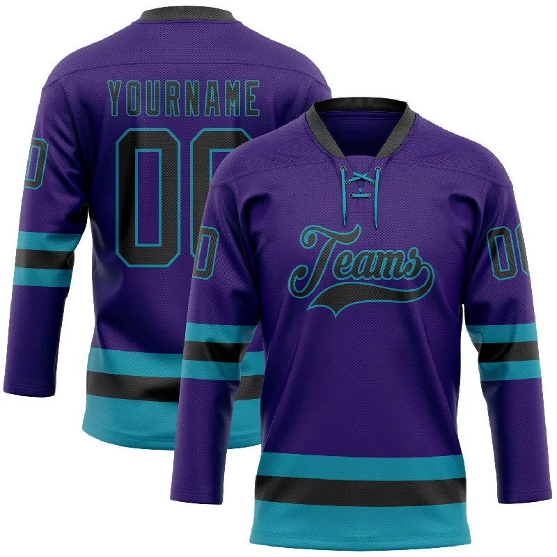 Youth hockey jerseys for kids-Custom Purple Black-Teal Hockey Lace Neck Jersey