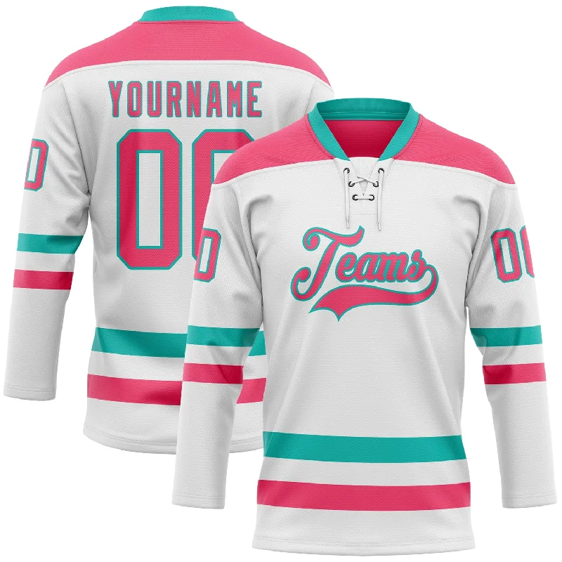 High-performance hockey jerseys for training-Custom White Neon Pink-Aqua Hockey Lace Neck Jersey