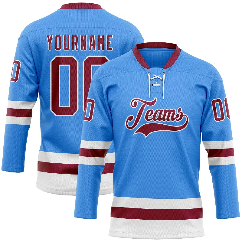 Custom hockey jerseys for ice skating competitions-Custom Sky Blue Maroon-White Hockey Lace Neck Jersey