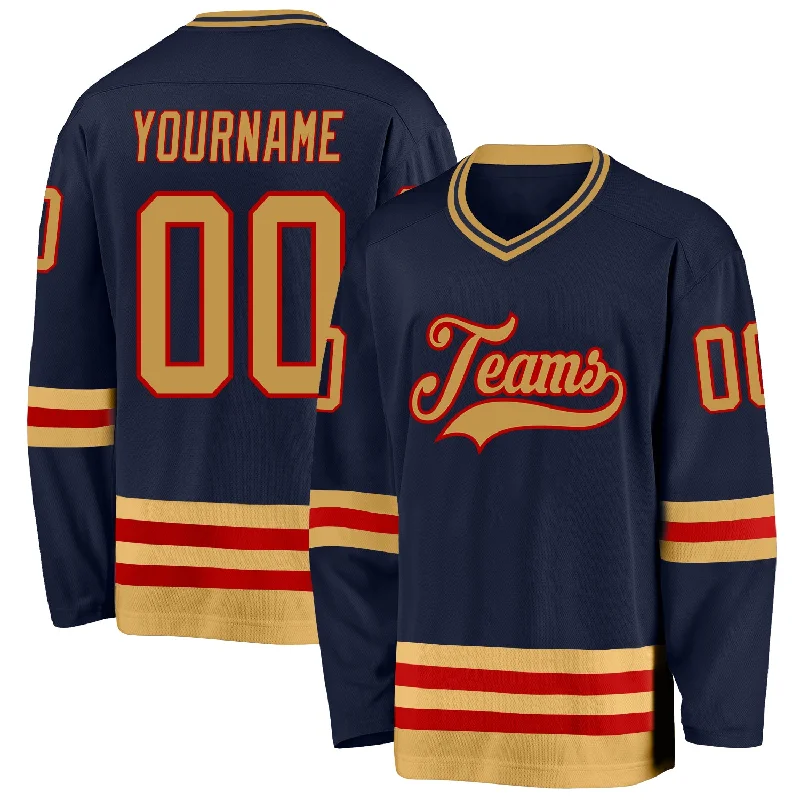 Adult-sized NHL team hockey jerseys-Custom Navy Old Gold-Red Hockey Jersey