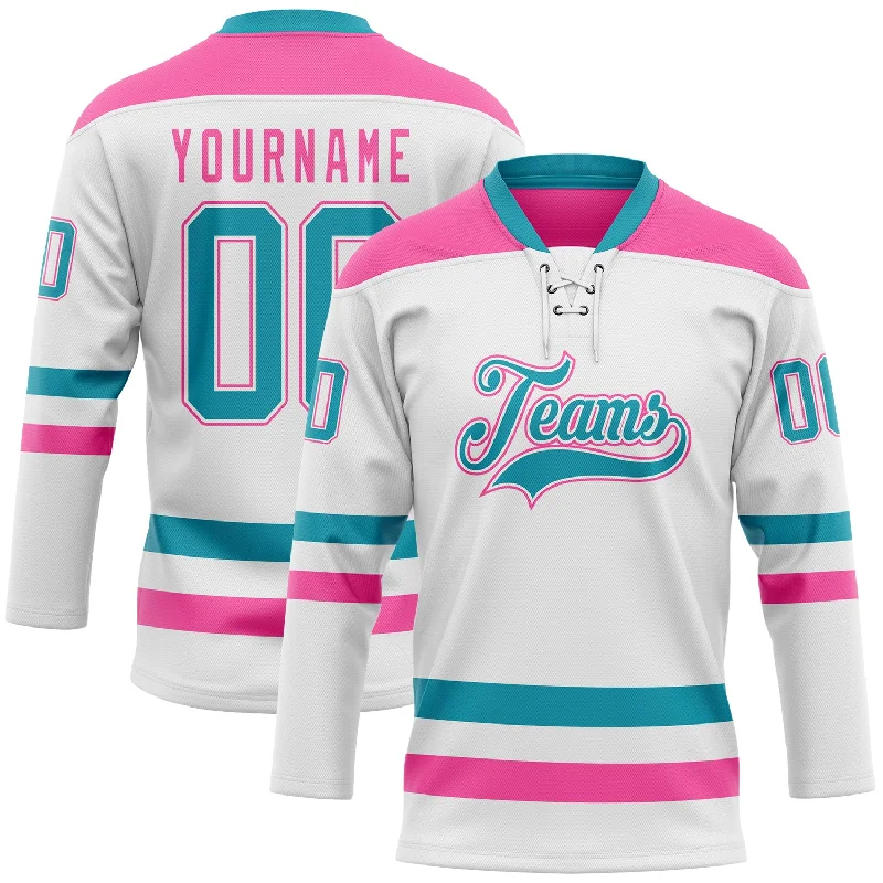 Custom fan hockey jersey with your name-Custom White Teal-Pink Hockey Lace Neck Jersey