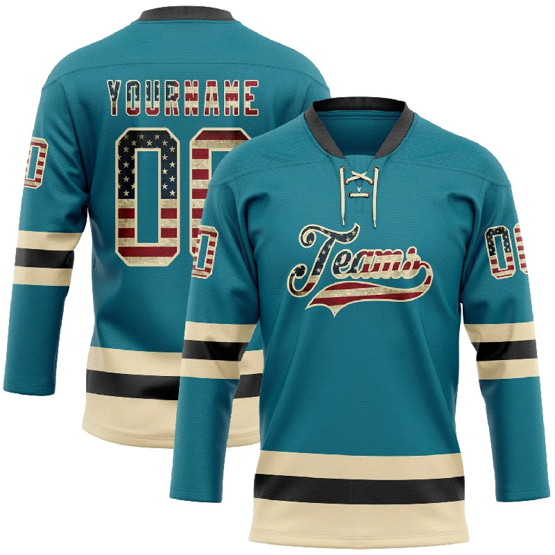 Hockey jersey with pro-style fit for comfort-Custom Teal Vintage USA Flag Cream-Black Hockey Lace Neck Jersey