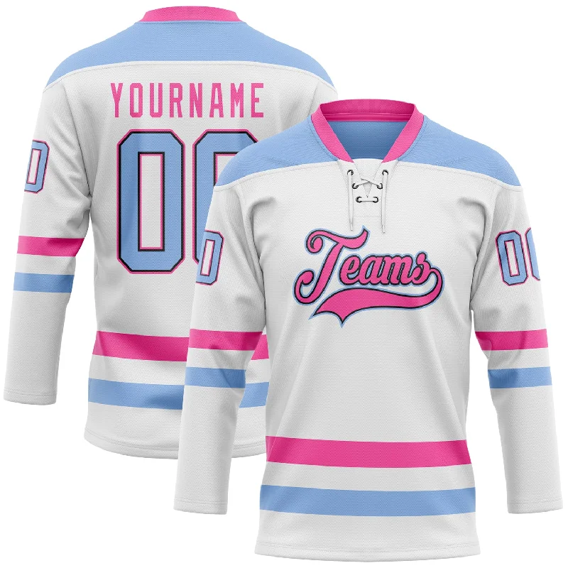 Lightweight mesh hockey jerseys for training-Custom White Light Blue Black-Pink Hockey Lace Neck Jersey