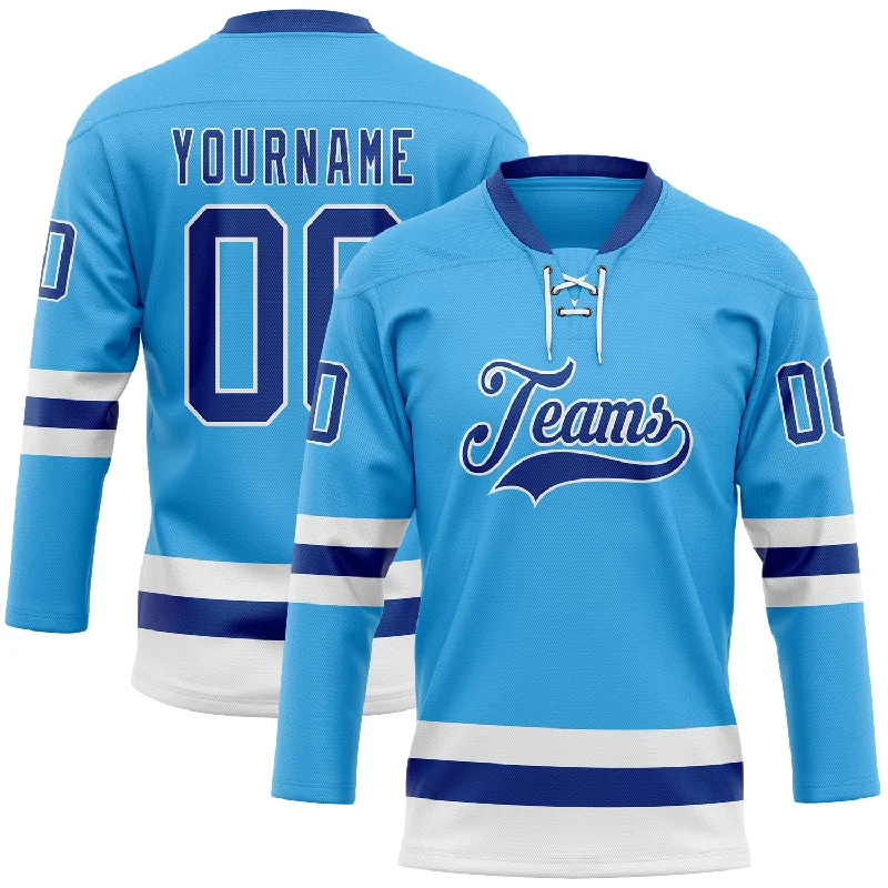 Custom sublimation hockey jersey printing-Custom Sky Blue Royal-White Hockey Lace Neck Jersey