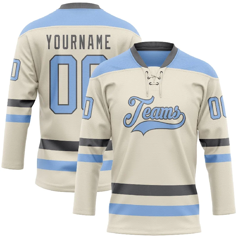 Personalized adult hockey jersey for fans-Custom Cream Light Blue-Steel Gray Hockey Lace Neck Jersey