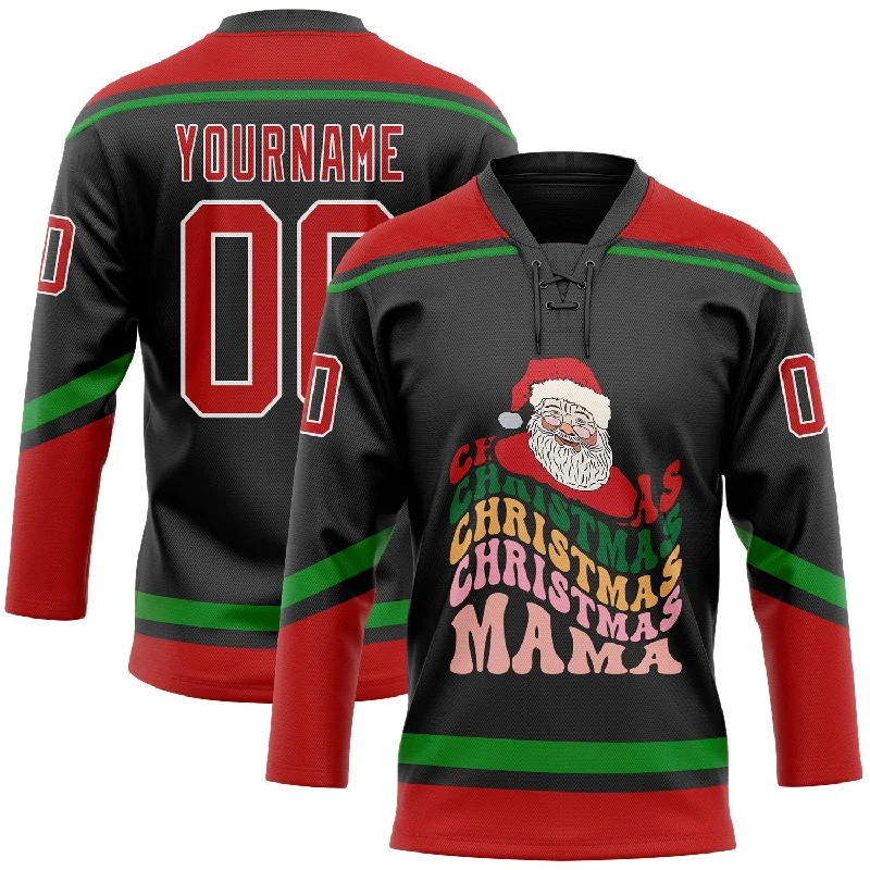 Vintage retro hockey jerseys for sale-Custom Black Red-Grass Green Funny Christmas 3D Hockey Lace Neck Jersey