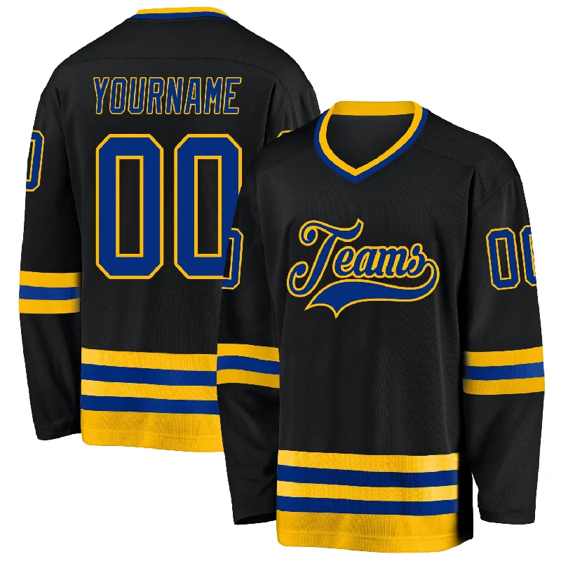 Custom sublimation hockey jersey printing-Custom Black Royal-Gold Hockey Jersey