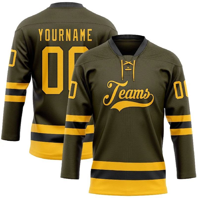 Youth hockey jerseys with official team logo-Custom Olive Gold-Black Salute To Service Hockey Lace Neck Jersey