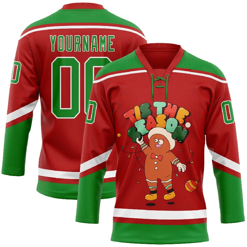 Hockey jerseys with custom patches-Custom Red Grass Green-White Funny Christmas 3D Hockey Lace Neck Jersey