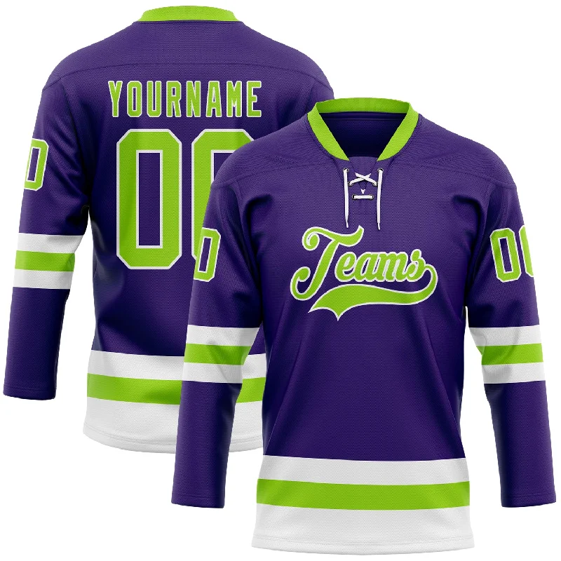 Customizable hockey jersey for tournaments-Custom Purple Neon Green-White Hockey Lace Neck Jersey