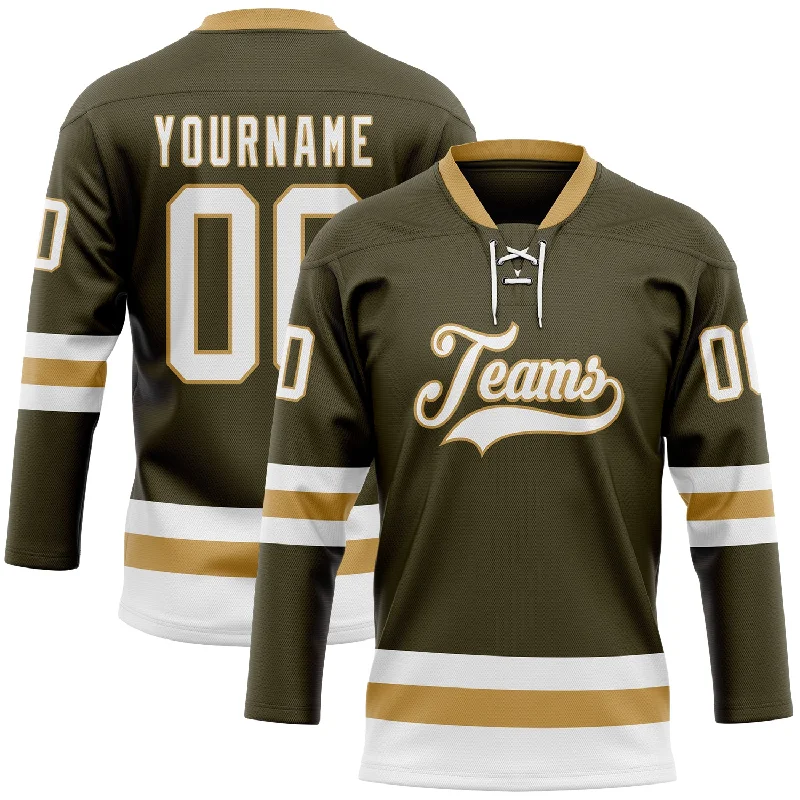 High-collar hockey jersey for protection from cold-Custom Olive White-Old Gold Salute To Service Hockey Lace Neck Jersey